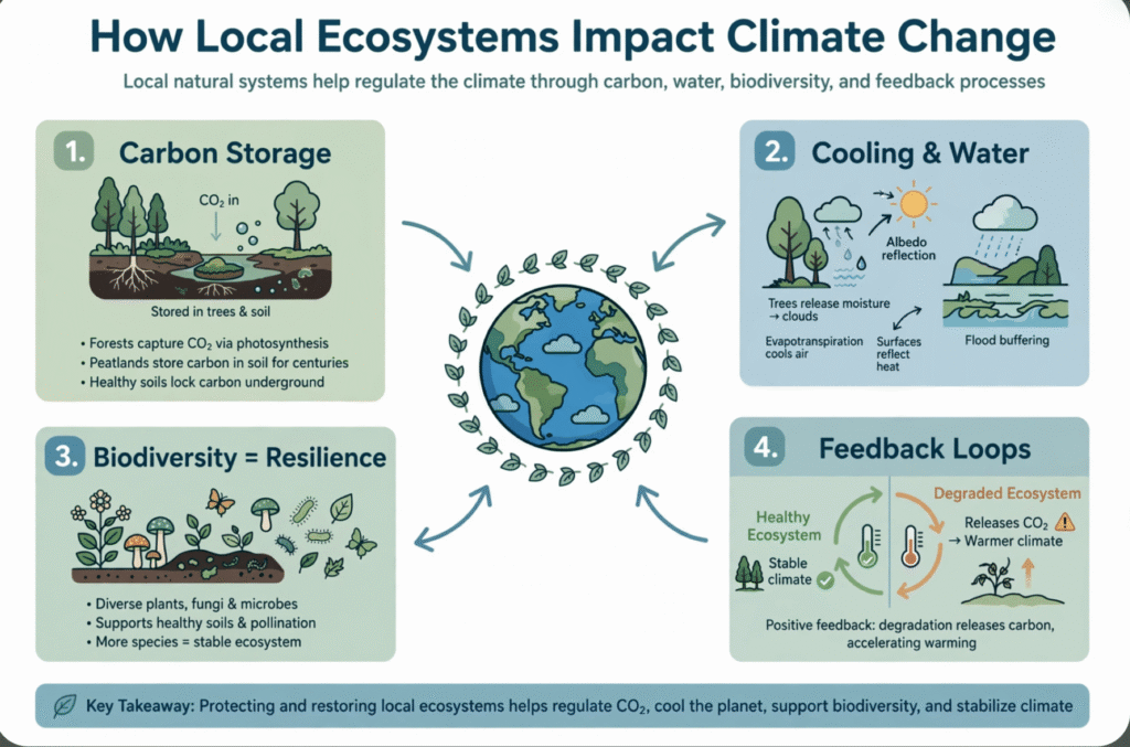 Figure 1: Local ecosystems regulate climate through carbon, water, biodiversity and feedback processes.