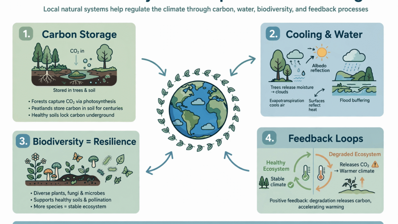 Figure 1: Local ecosystems regulate climate through carbon, water, biodiversity and feedback processes.