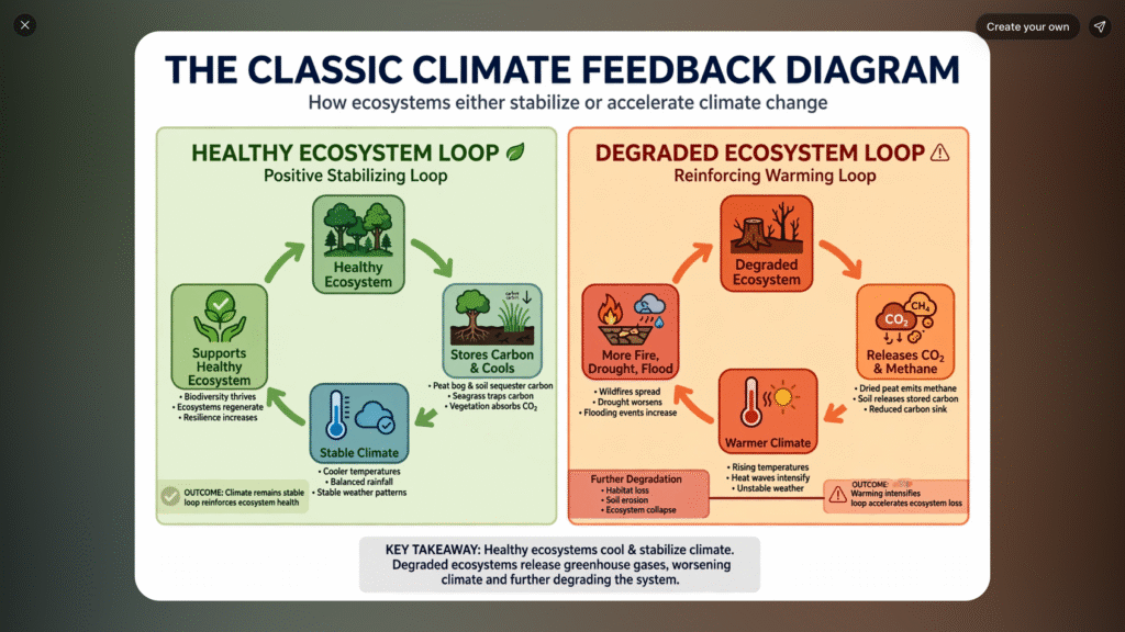 Contrast between a self-stabilising natural system and a runaway positive feedback loop. 