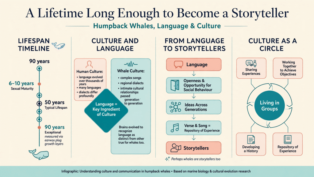 Figure 3. Infographic: Understanding culture and language. Are whales storytellers? Certainly, humans are. Perhaps it is too early to say how much social learning in whales is facilitated by their language, but it is possible. 
