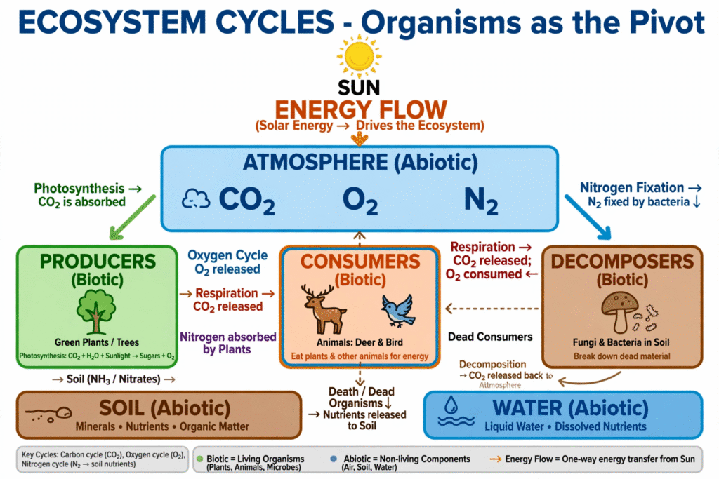 Ecosystem cycles with organisms as the active pivot driving the systems. Organisms' interconnectedness drives the key CO2, O2, and N2 cycles. 
