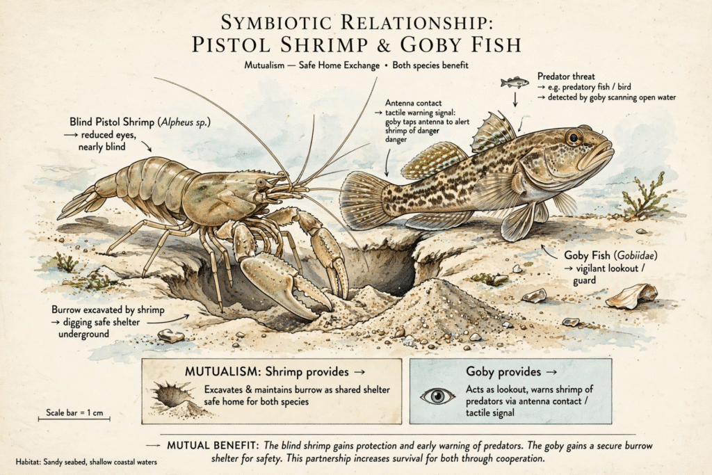 The symbiotic relationship between the Pistol Shrimp and Goby Fish illustrates interconnectedness in the ecosystem. 
