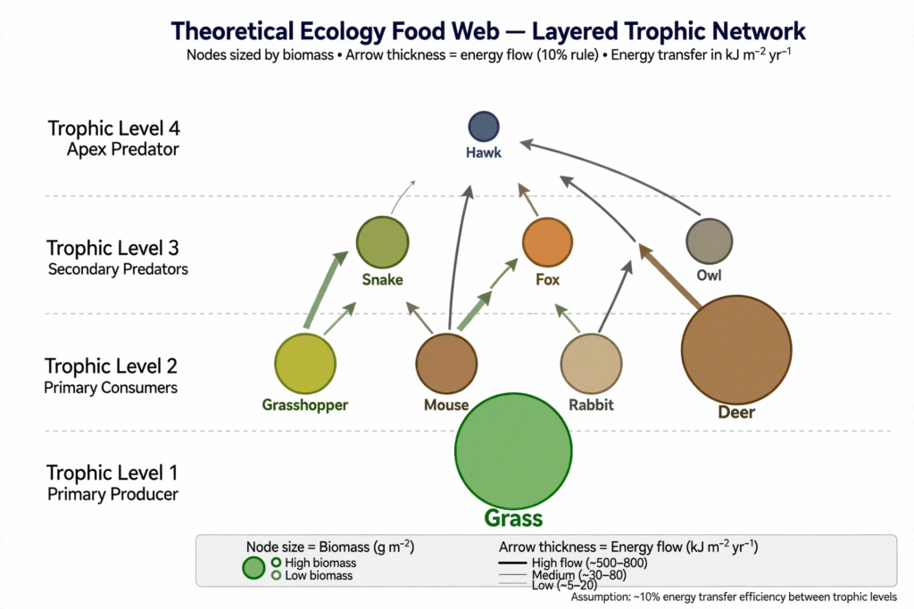 Diagrammatic representation of the relative biomass flowing through an ecosystem web.